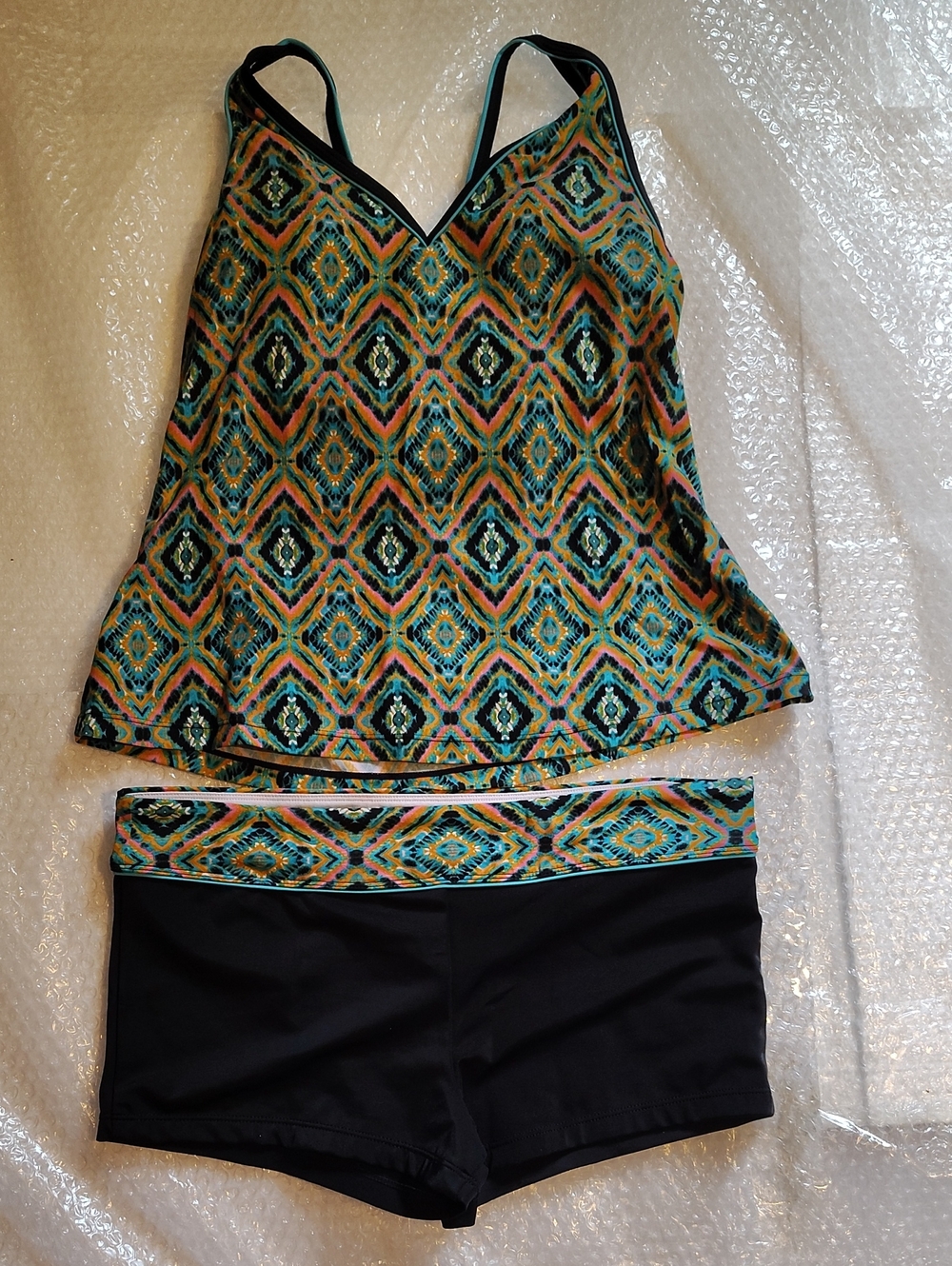 South Point Tankini Swimsuit Set 2 Piece Swim Shorts Teal Boho Size 10